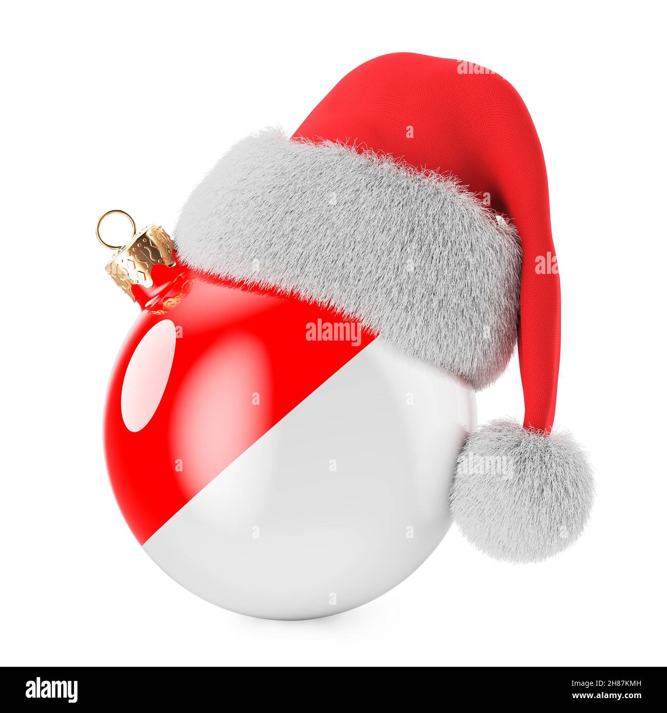 Weihnachtsball mit indonesischer, monakanischer Flagge und Weihnachtsmannhut. Weihnachten und Neujahr in Indonesien, Monaco, Fürstentum Monaco, Konzept. 3D ren Stockfoto