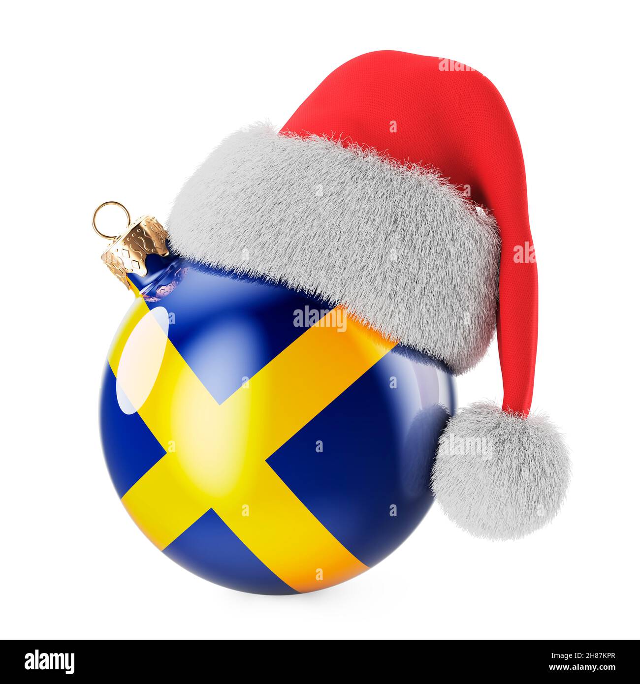 Weihnachtsball mit schwedischer Flagge und Weihnachtsmannhut. Weihnachten und Neujahr in Schweden, Konzept. 3D Darstellung isoliert auf weißem Hintergrund Stockfoto