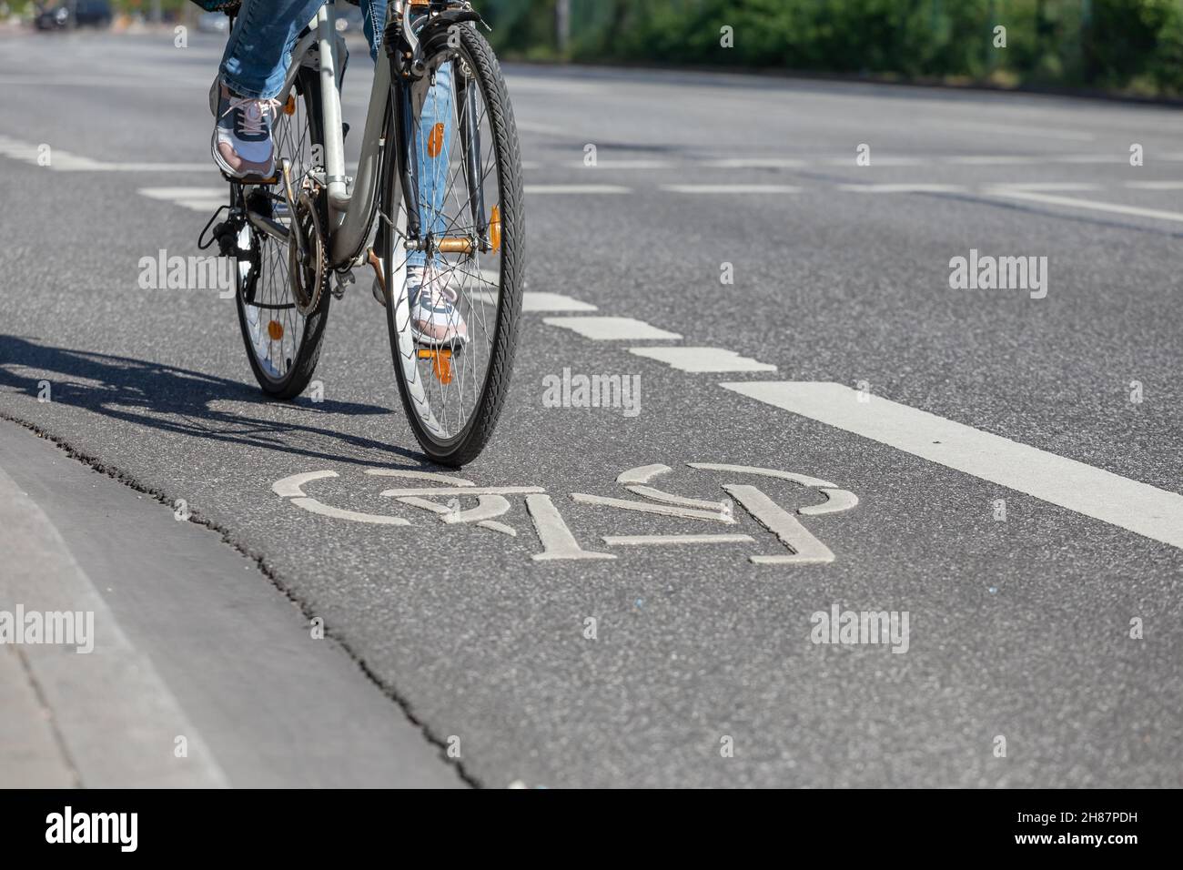 Radfahrer auf lackiertem Fahrradweg Stockfoto