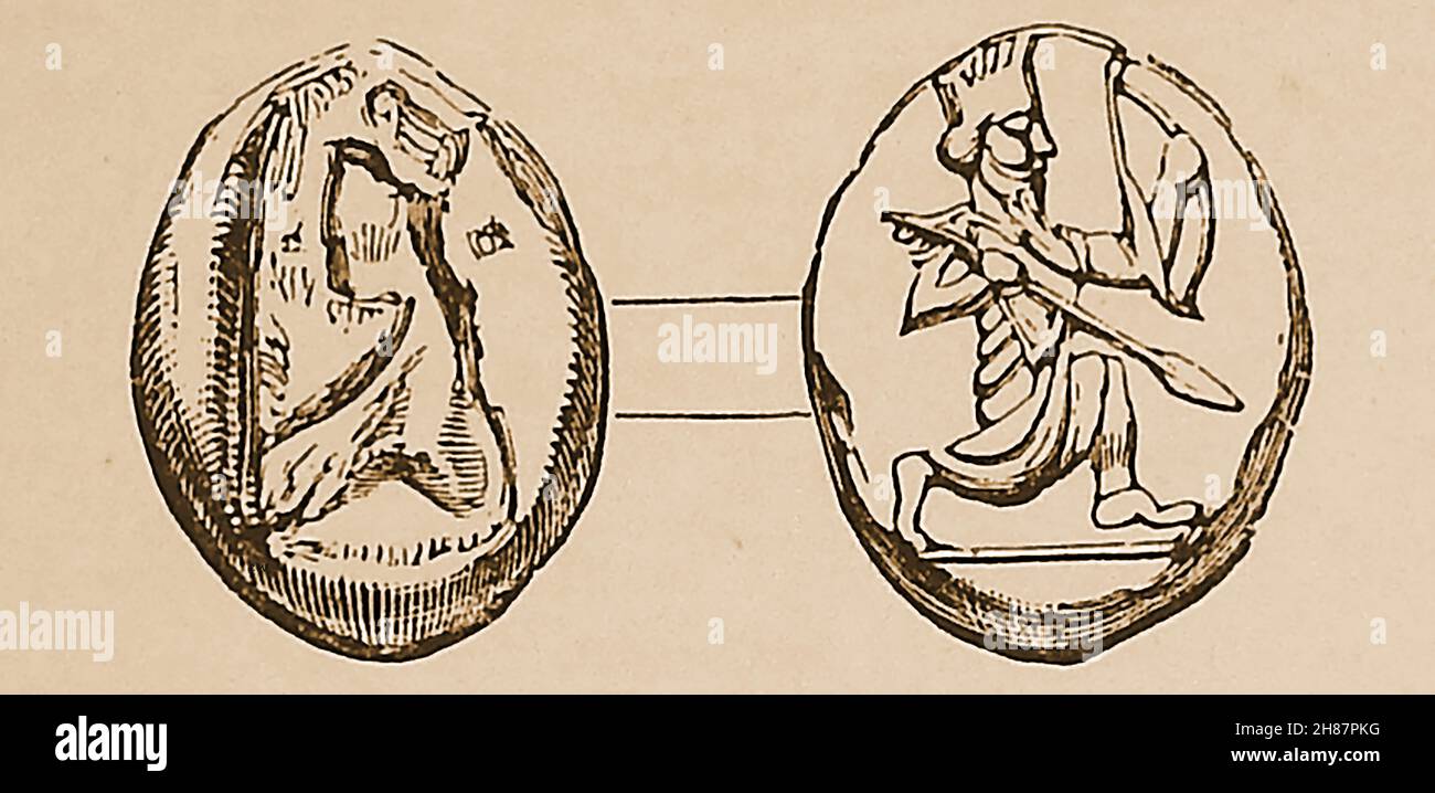 Eine Illustration aus dem späten 19. Jahrhundert, die beide Seiten einer alten persischen Goldmünze von Darius zeigt, die als Daric bekannt ist. Es wog etwa 129 Körner, die einen Bogenschütze (in diesem Fall Typ III, der den laufenden König mit einem Speer darstellt) auf der Rückseite zeigten. Mit der Siglos-Münze stellte sie den bimetallischen Währungsstandard des Achämeniden-Persischen Reiches dar. Der Name wurde später auf jede Münze mit dem Bild eines Bogenschützen angewendet. Es stammt aus der Mitte des 4th. Jahrhunderts v. Chr.. Stockfoto