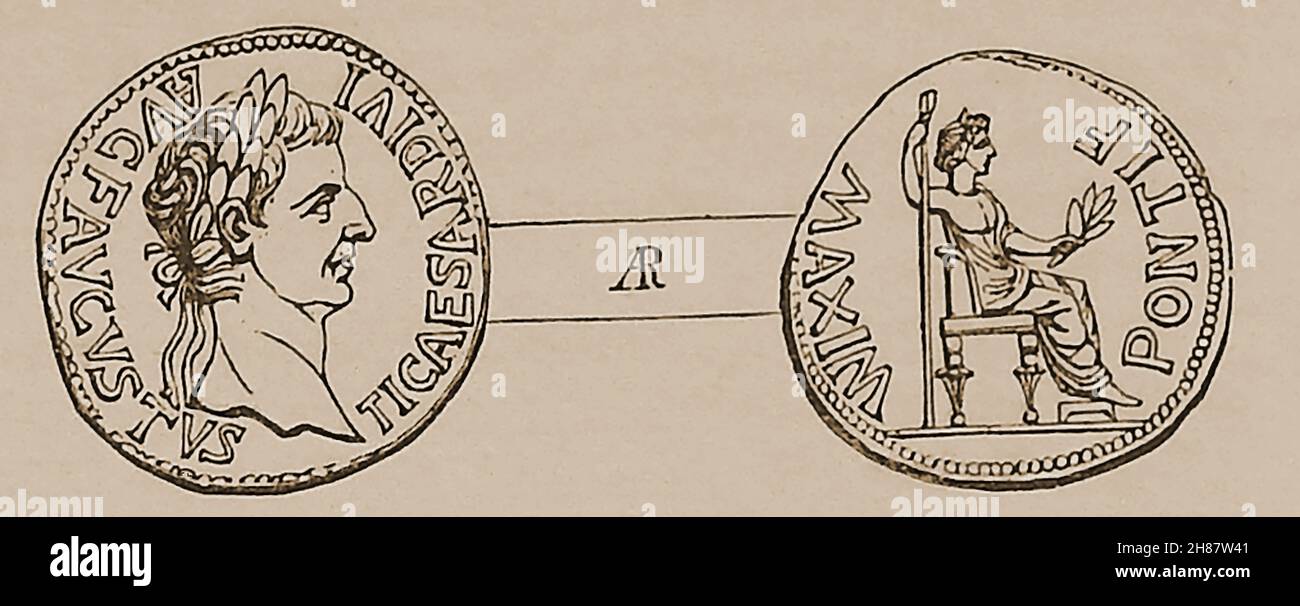 NUMISMATIK - Eine Skizze aus dem 19th. Jahrhundert von beiden Seiten einer silbernen Denarius-Münze aus der Regierungszeit von Tiberius Caesar , allgemein bekannt als „Tribute Penny“. Tiberius regierte über das römische Reich, als Jesus gekreuzigt wurde. Er folgte seinem Stiefvater,. Kaiser Augustus. Dieser Silberdenar war damals der tägliche Lohn für gewöhnliche römische Soldaten und Arbeiter. Der moderne Kernschmelzwert liegt bei etwa £2 / 3 Dollar. Stockfoto