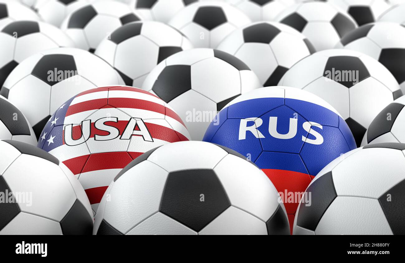 Russland vs. USA Soccer Match - Lederkugeln in Russland und USA Nationalfarben. 3D-Rendering Stockfoto