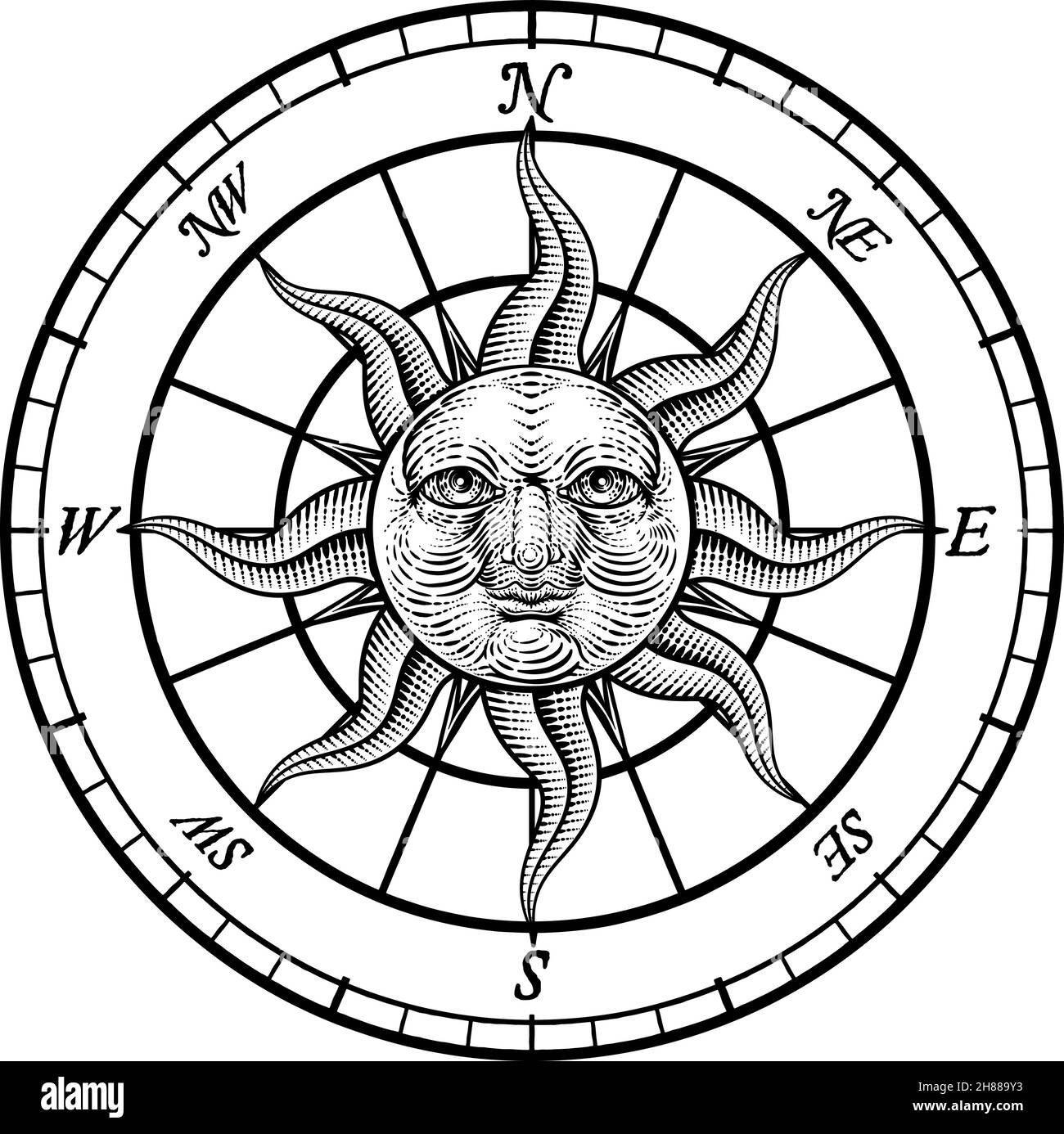 Kompass Sonne Gesicht Ätzrose Holzschnitt Zeichnung Stock Vektor