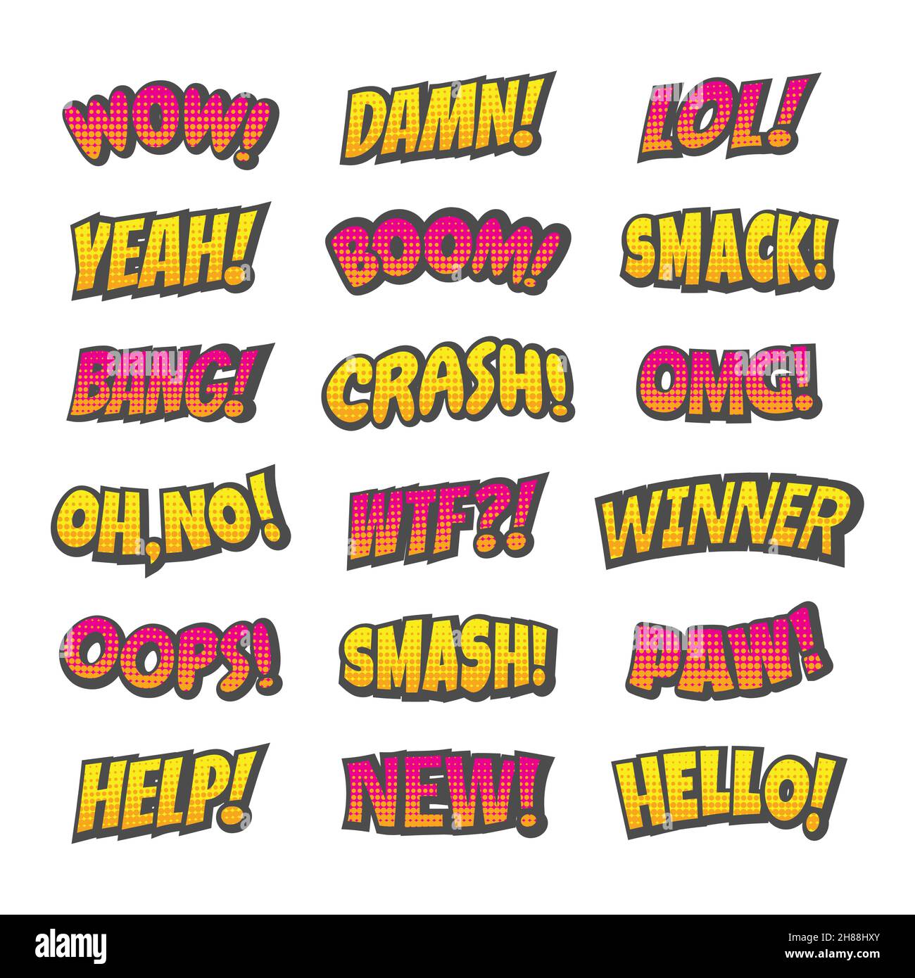 Ausrufezeichen im Comic-Stil. Cartoon Pop Art yeah, Boom, bang Buchstaben mit Halbton. Stock Vektor