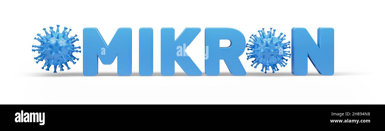 Neue Mutation des Corona-Virus namens 'omikron' B.1.1.529: Corona-Virus - Schematische Darstellung von Viren der Corona-Familie, eingebettet in den Text 'OMIKRON Stockfoto