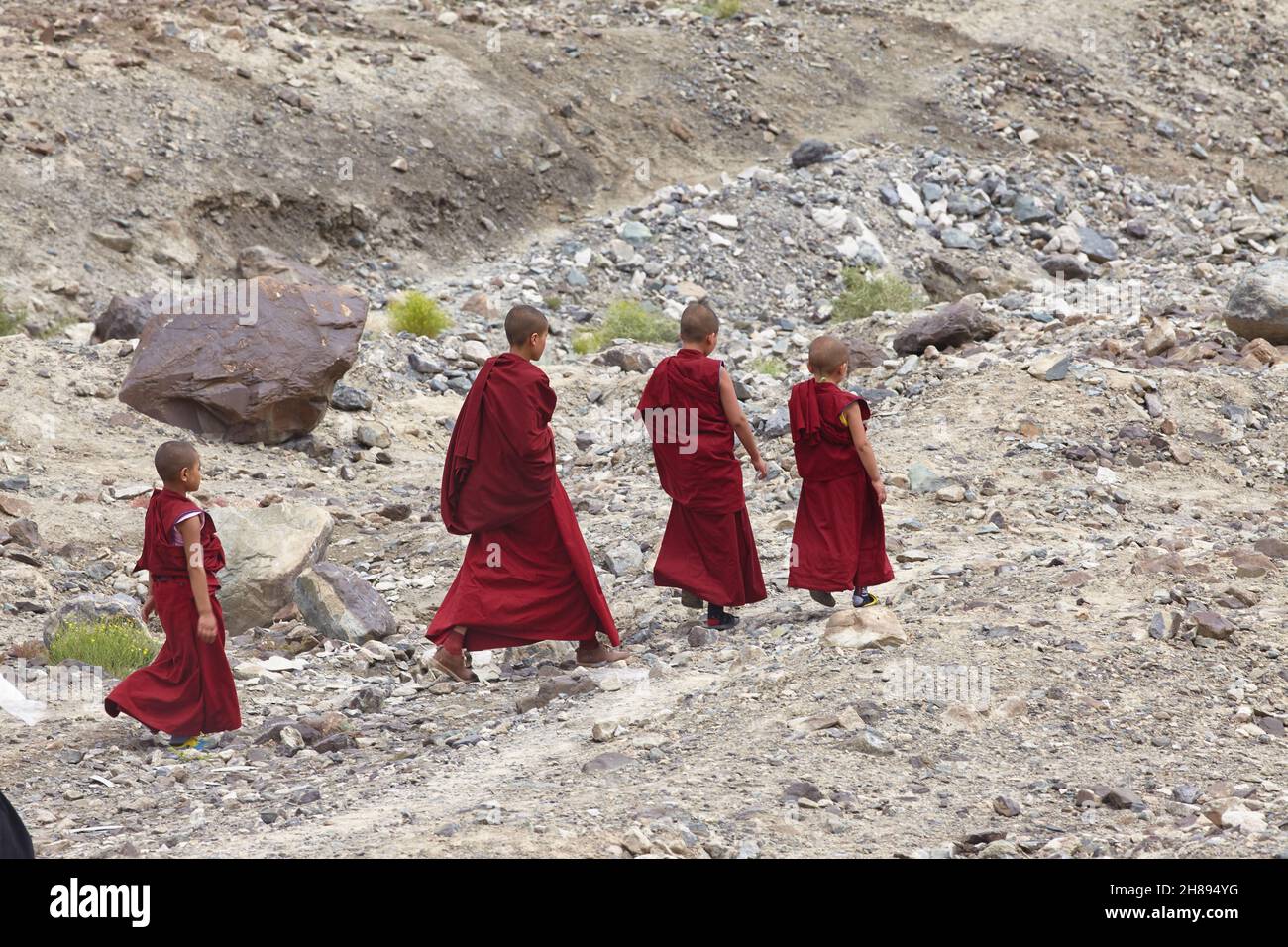 Disket, Nubra Valley. Indien. 13. Juli 2017. Junge buddhistische Mönche beim Bruch der Lehren seiner Heiligkeit des Dalai Lama 14 Stockfoto