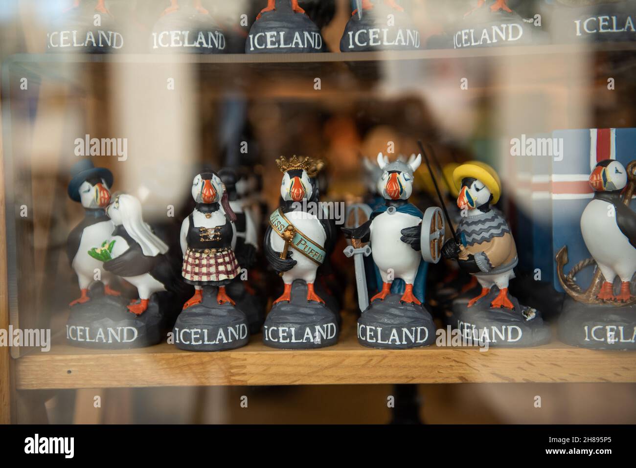 Sammlung von Puffin-Statuetten in einem Souvenirladen in Reykjavik, island Stockfoto