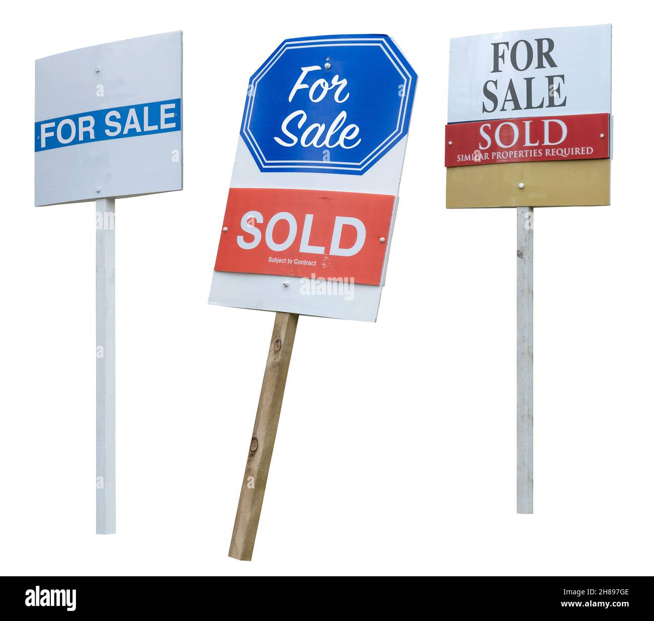 Eine Sammlung von Immobilien zum Verkauf Zeichen, isoliert auf Einem weißen Hintergrund Stockfoto