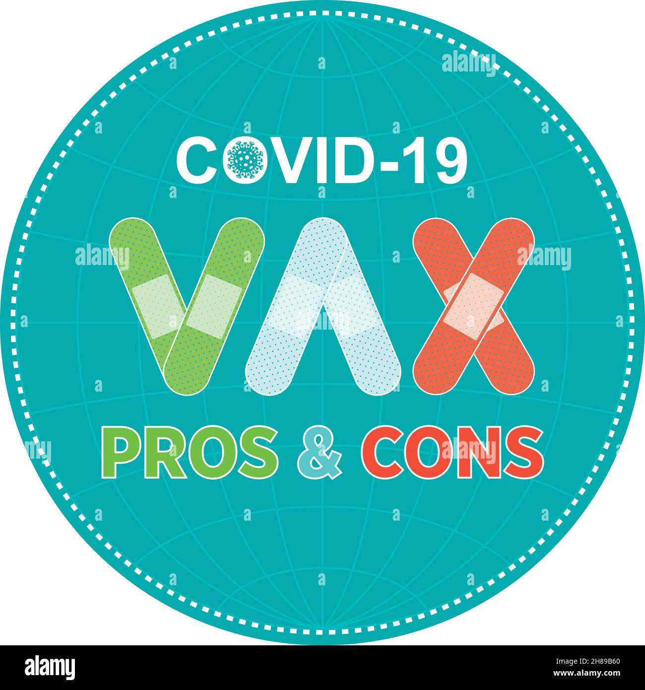 COVID19 Impfungen vor- und Nachteile zur Reduzierung des Risikos, das Coronavirus Covid-19 zu fangen. VAX-Vektorzeichen. Stock Vektor