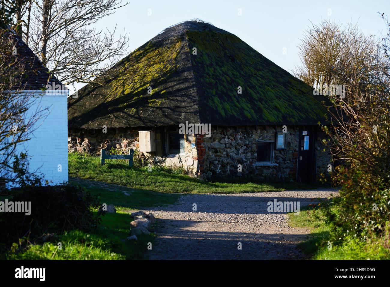 Kleine reetgedeckte Hütte im Pagham Harbour Nature Reserve gesehen. Stockfoto