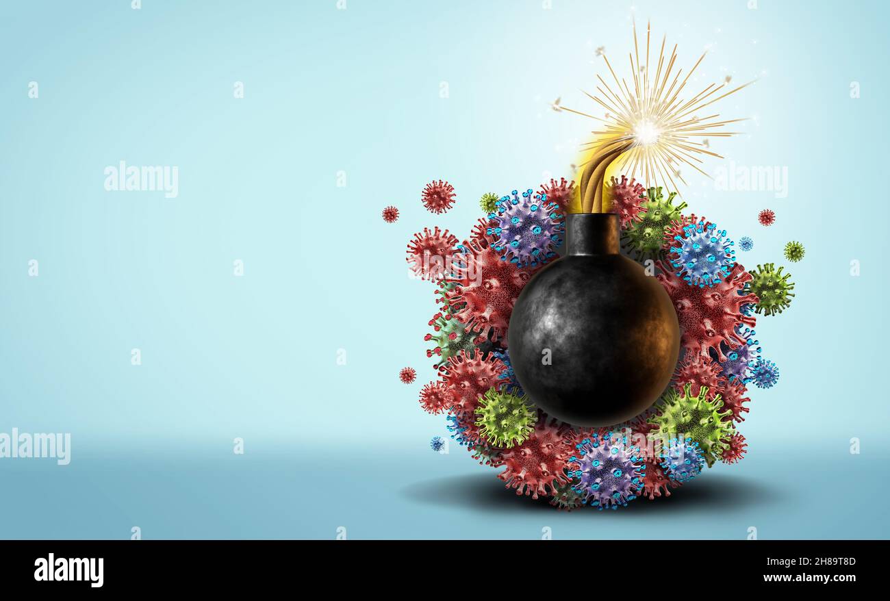 Variantenrisiko und Virusmutationsausbruch als Virus-Mutation oder neuer Coronavirus- und Covid-19-Krankheitsstamm als Influenza. Stockfoto
