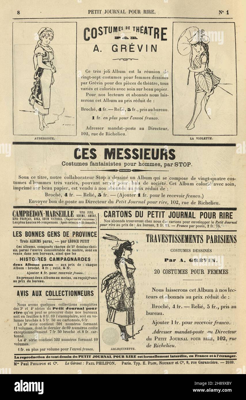 Seite aus französischer Comiczeitung, Petit Journal Pour Rire, 1897. Werbung für Mode Stockfoto