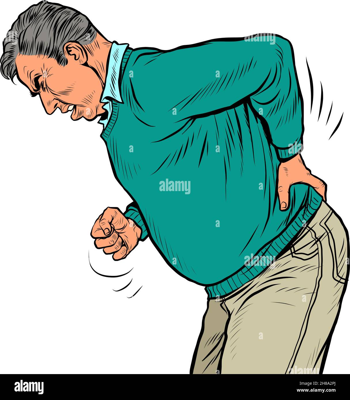 Ein älterer Mann Rückenschmerzen, Osteochondrose Hernie Verstauchung Ischias und andere Erkrankungen der Wirbelsäule und innere Organe Stock Vektor