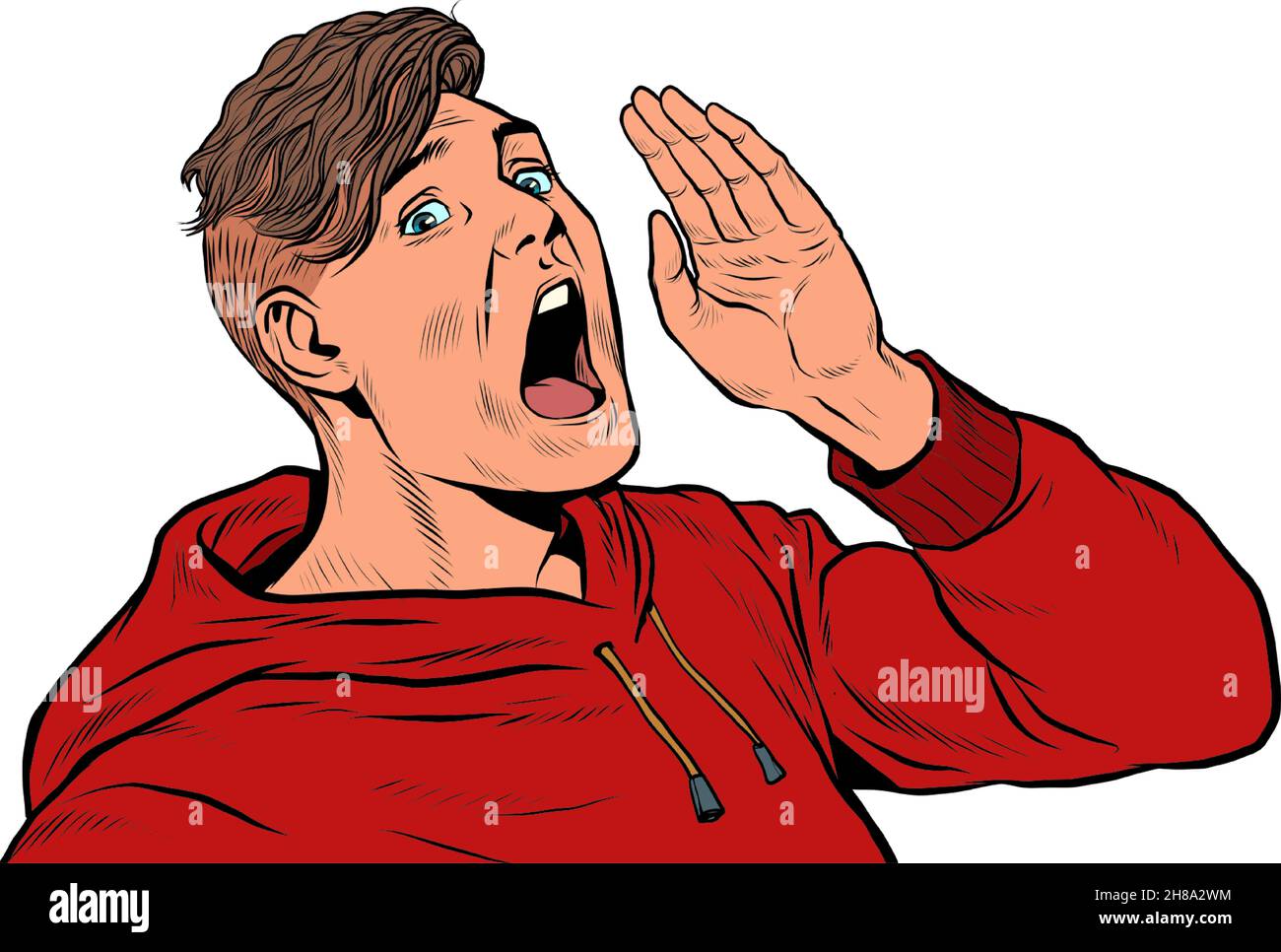 Ein junger Mann schreit eine Ankündigung der Pop-Art, Werbevorlage Poster-Stil Stock Vektor