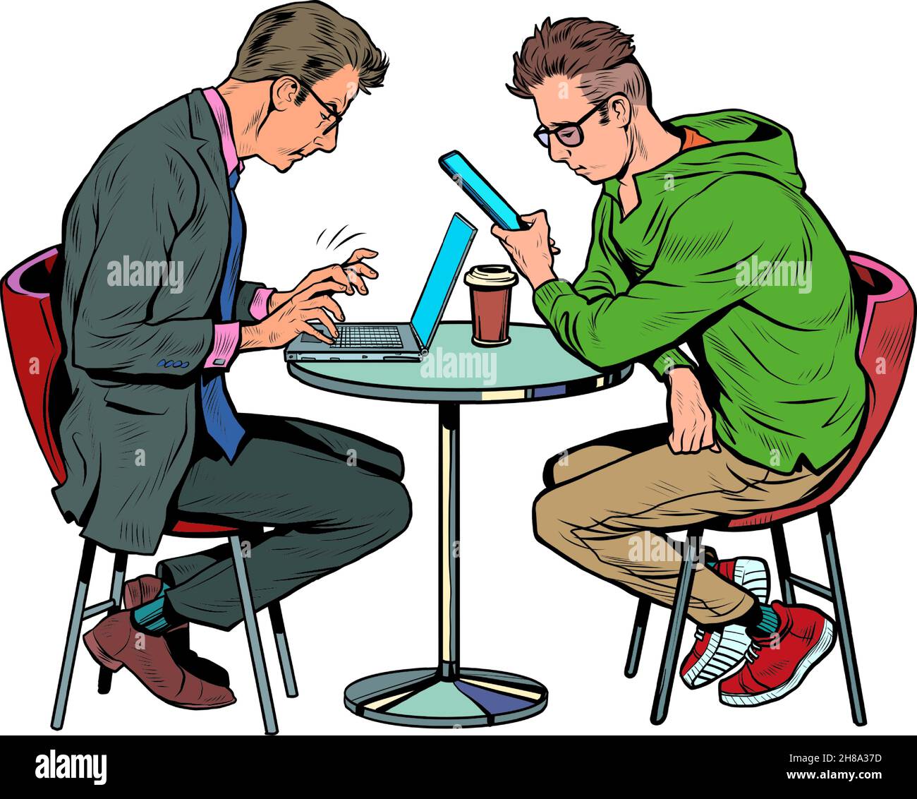Zwei Männer in einem Café arbeiten an einem Laptop und einem Smartphone. Freiberuflich in einem Restaurant Stock Vektor