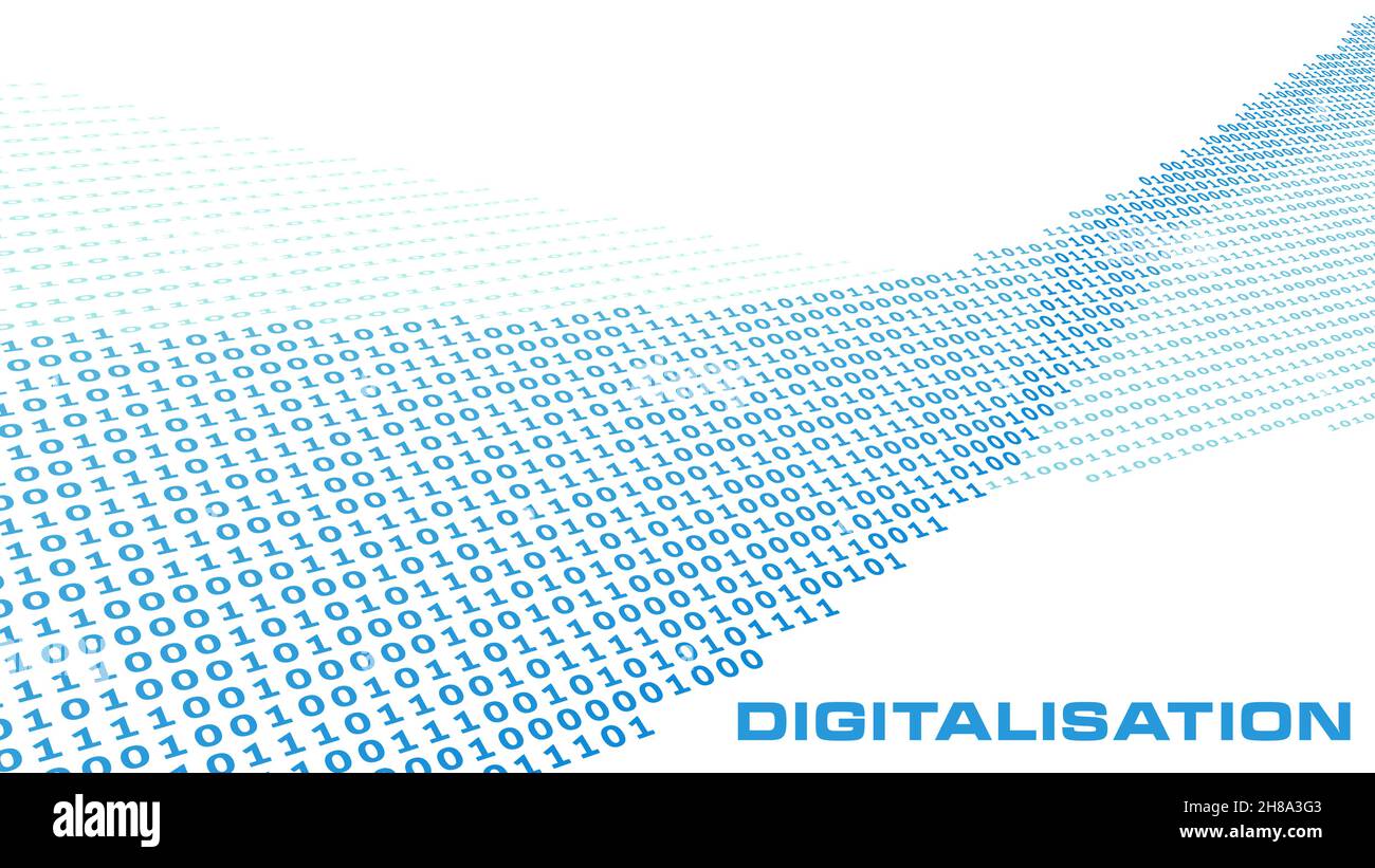 Visualisierung der Digitalisierung. Digitaler Binärcode-Stream. Perspektivische Vektorgrafik Hintergrund Stock Vektor