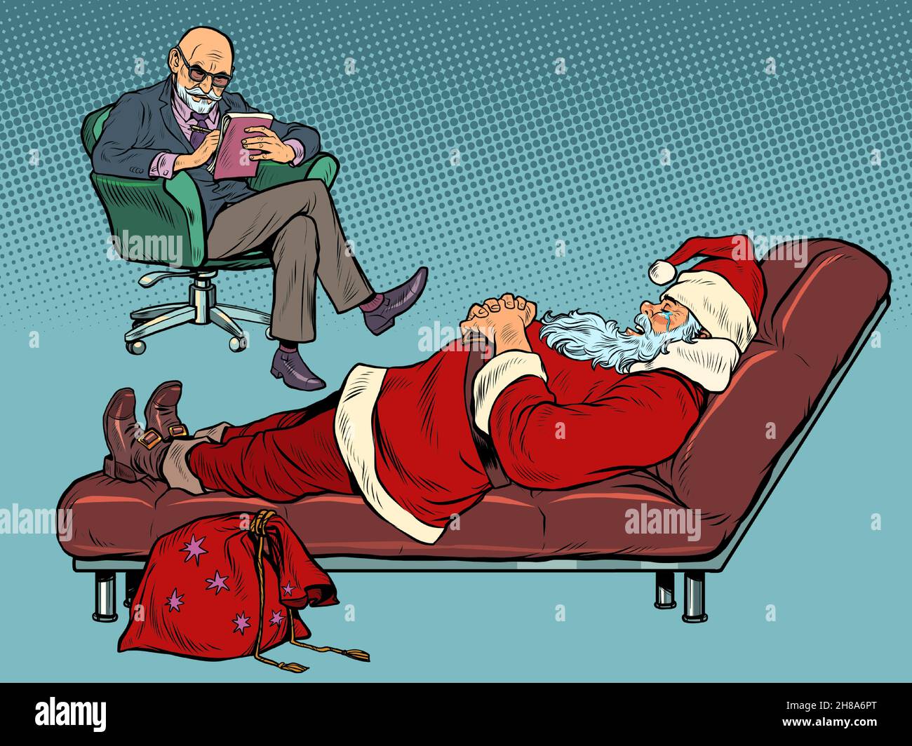 Weihnachtsmann bei einem Psychologen Termin, eine Therapeutin Couch. Sitzung, Weihnachtsferien Stock Vektor