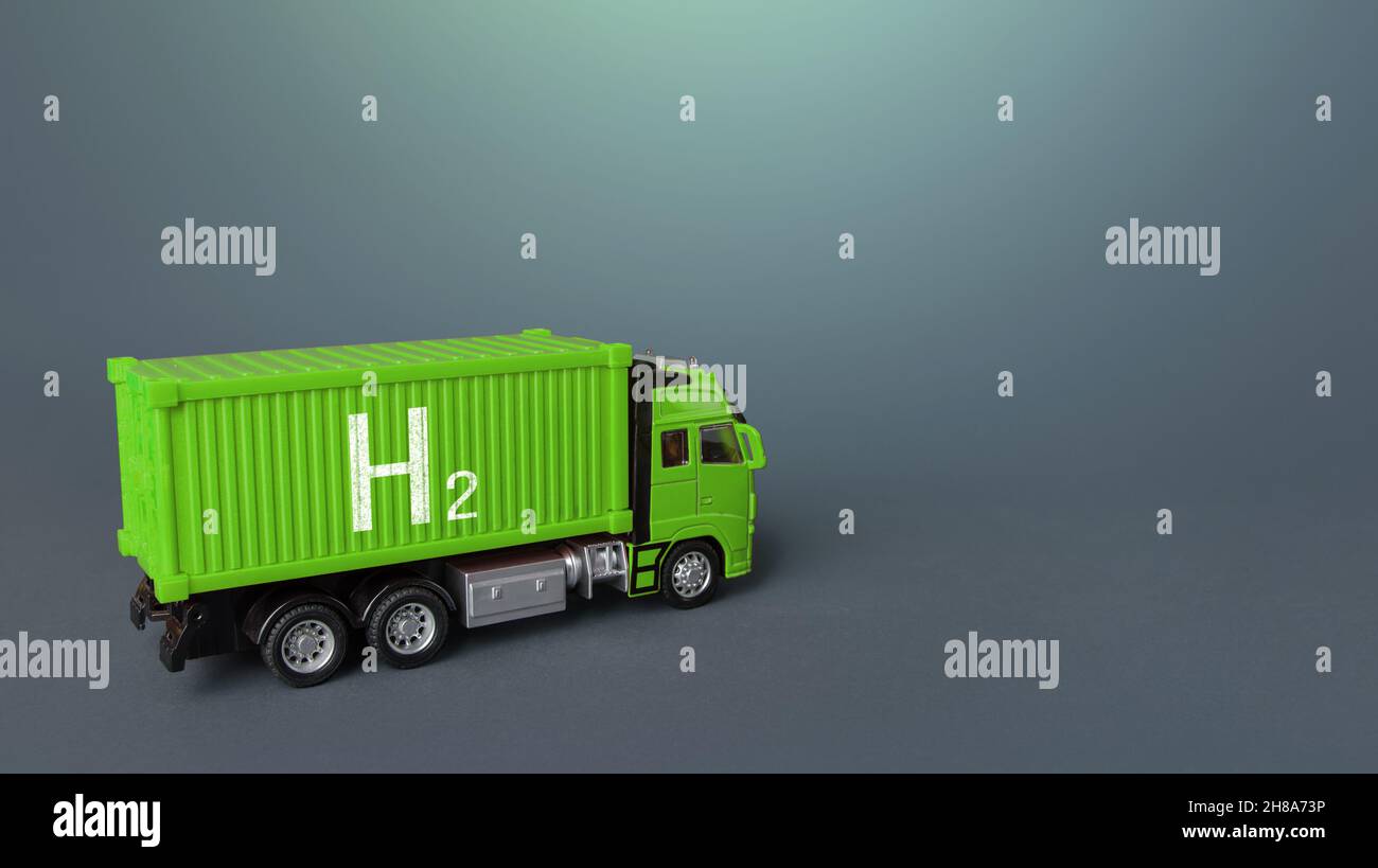 Grüner Güterwagen auf Wasserstoff-Brennstoffzellen. Innovative grüne Technologien in der Transportindustrie. Umweltfreundlich, CO2-frei. Trans Stockfoto