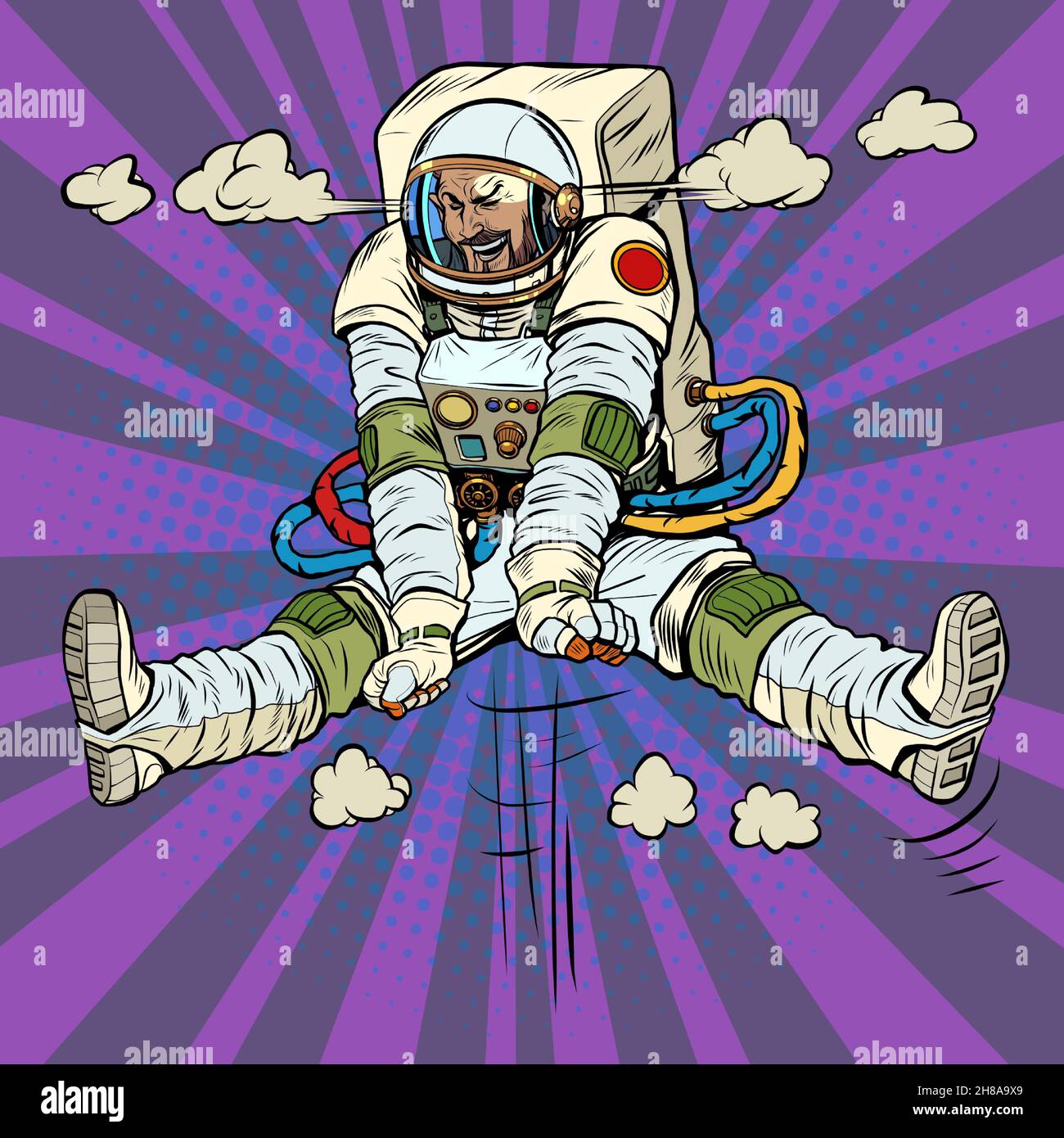 Joy Hyper Sprung, Cartoon Emotion die charakteristische emotionale Pose eines Astronauten Mann Stock Vektor