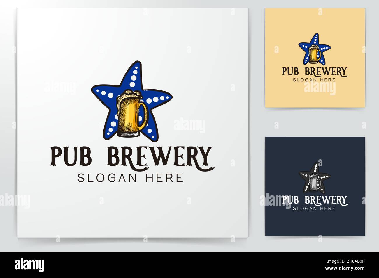 Star Fisch und einem Glas Bier, Brauerei Logo Designs Inspiration isoliert auf weißem Hintergrund Stock Vektor