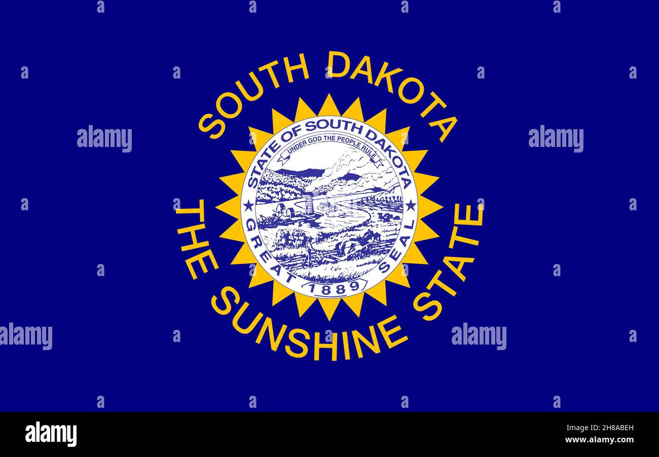 Draufsicht auf South Dakota 1963 1992, USA Flagge, kein Fahnenmast. Ebene Design Layout Flag Hintergrund Stockfoto