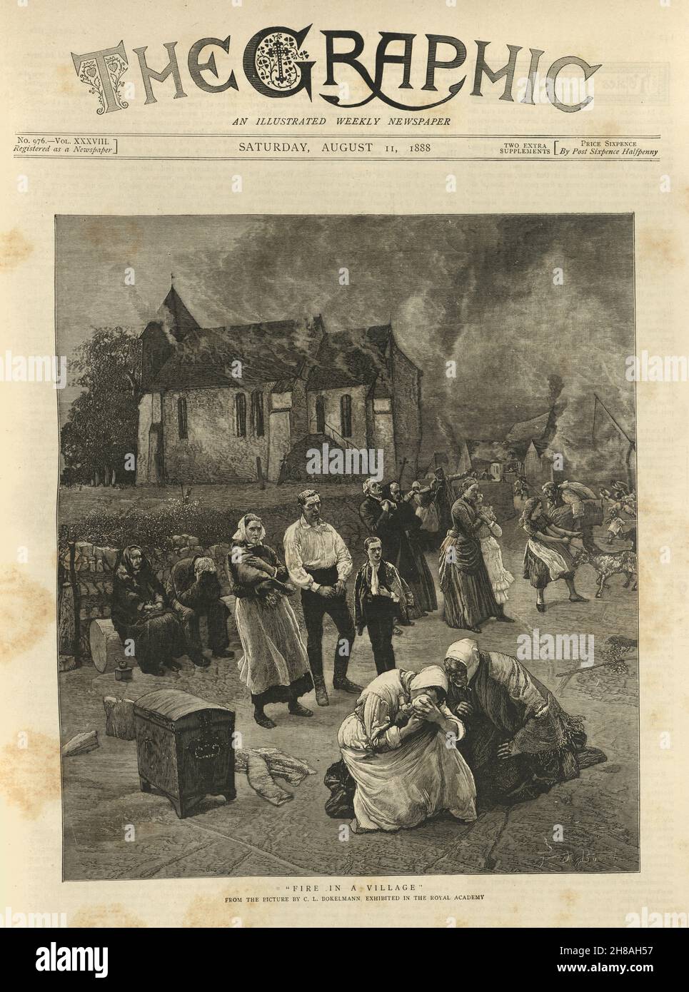 Titelseite der Graphic Illustrated Zeitung, Feuer in einem Dorf, nach Christian Ludwig Bokelmann, 1888, 19th Jahrhundert Stockfoto