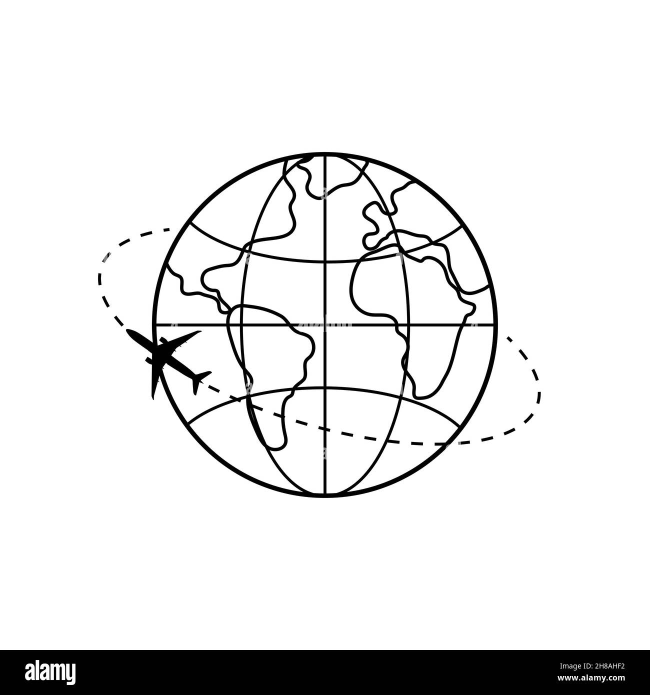 Gepunktete Linie der Flugstrecke um den Planeten Erde. Tourismus und Reisen. Vektorgrafik. Stock Vektor