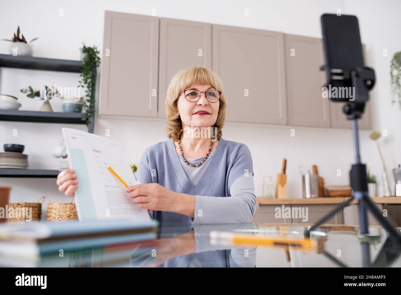 Erfahrene Wirtschaftslehrerin, die während des Livestreams für das Online-Publikum auf Finanzdokumente zeigt Stockfoto