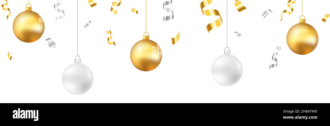 Weihnachtsdekoration. Goldene und silberne Kugeln auf weißem Hintergrund. Herabfallende Konfetti und Lametta. Winter-Grußkarte oder Website-Dekoration. Vektor Stock Vektor