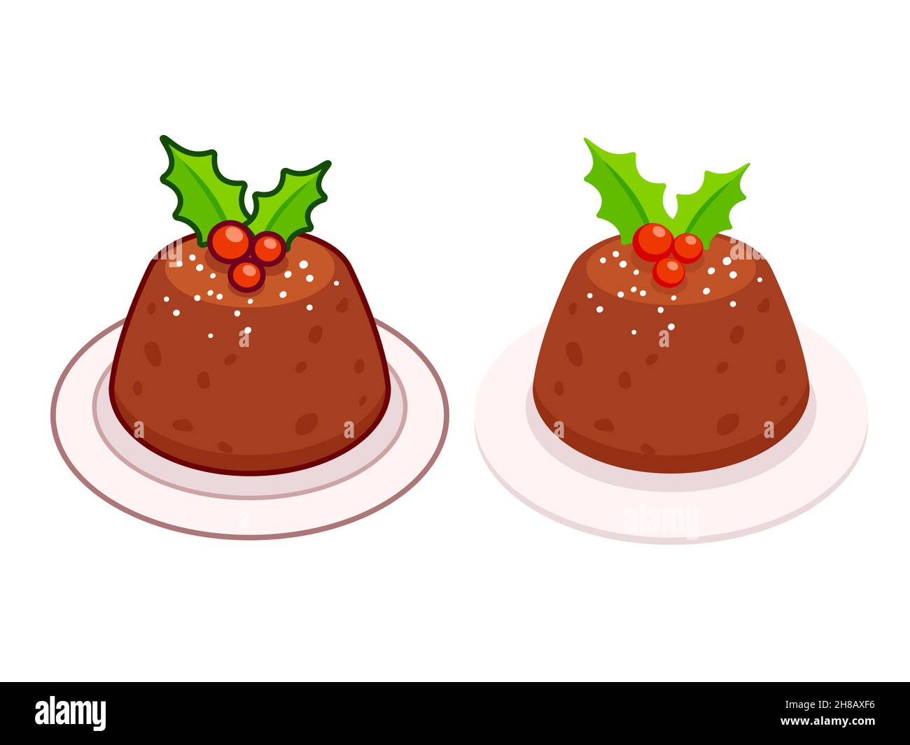 Traditionelle Cartoon Weihnachten Pudding mit Stechpalme. Linie Cartoon-Zeichnung und flache Farbe Symbol. Vektorgrafik Clip Art Illustration. Stock Vektor