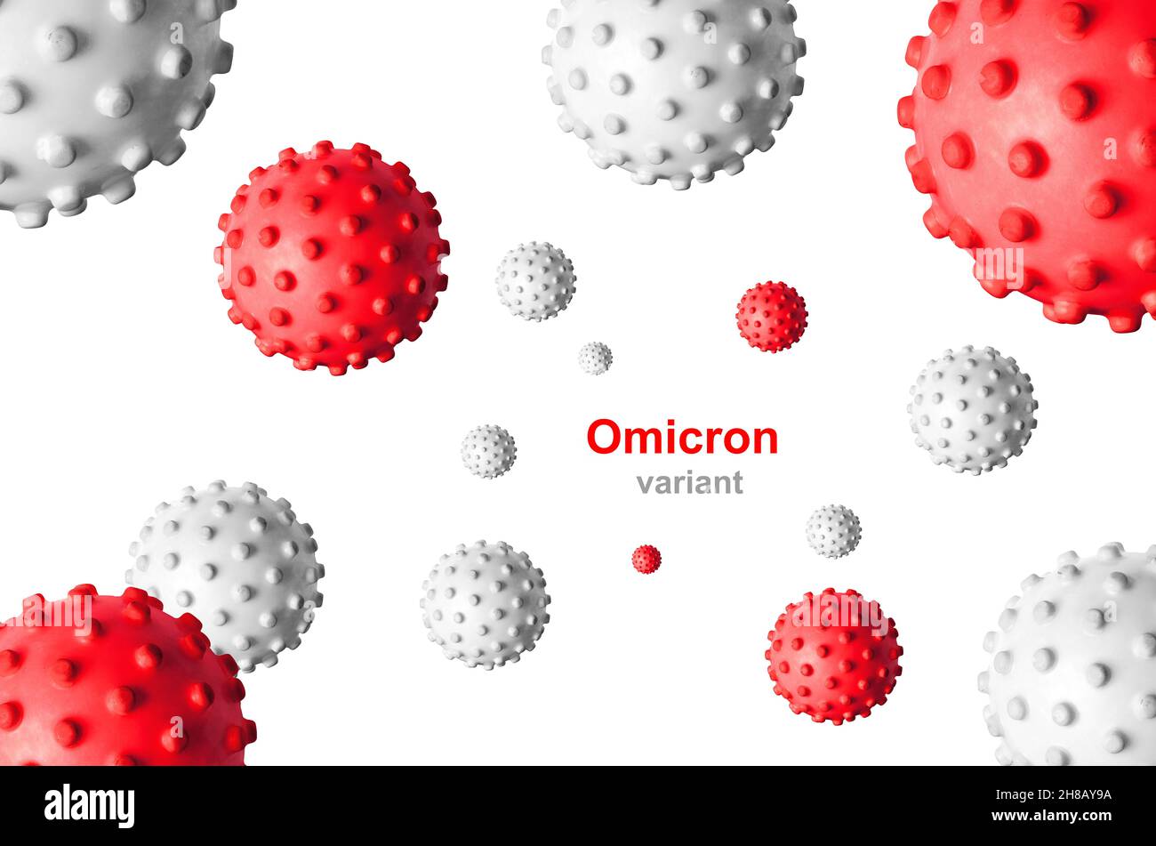 Omicron COVID-19 Variantenposter, abbildung 3D. Coronavirus-Keime auf weißem Hintergrund isoliert. Konzept der wissenschaftlichen Virologie, Gefahr, Impfstoffforschung c Stockfoto