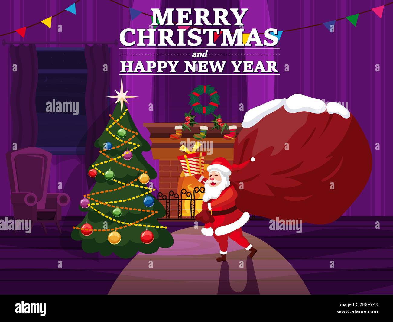 Der Weihnachtsmann liefert mit großen Sack-Geschenken im festlich dekorierten Wohnzimmer. Kamin, Möbel, Weihnachtsbaum, Vektor, Illustration Stock Vektor