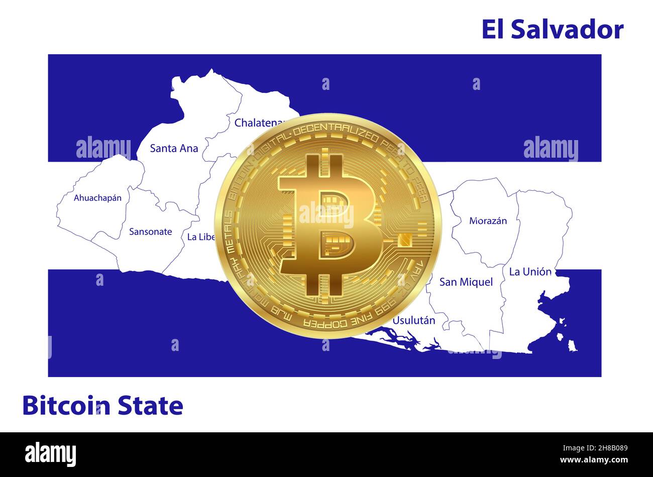 El Salvador Flagge mit Karte und Bitcoin Vektor Stock Vektor