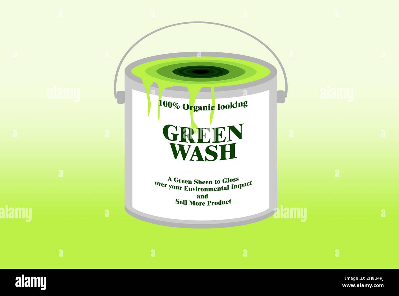 Green Wash Farbe Zinn und Pinsel, Eco Greenwashing über die Umweltauswirkungen der Industrie oder Produktkonzept Illustration Glanz Stockfoto