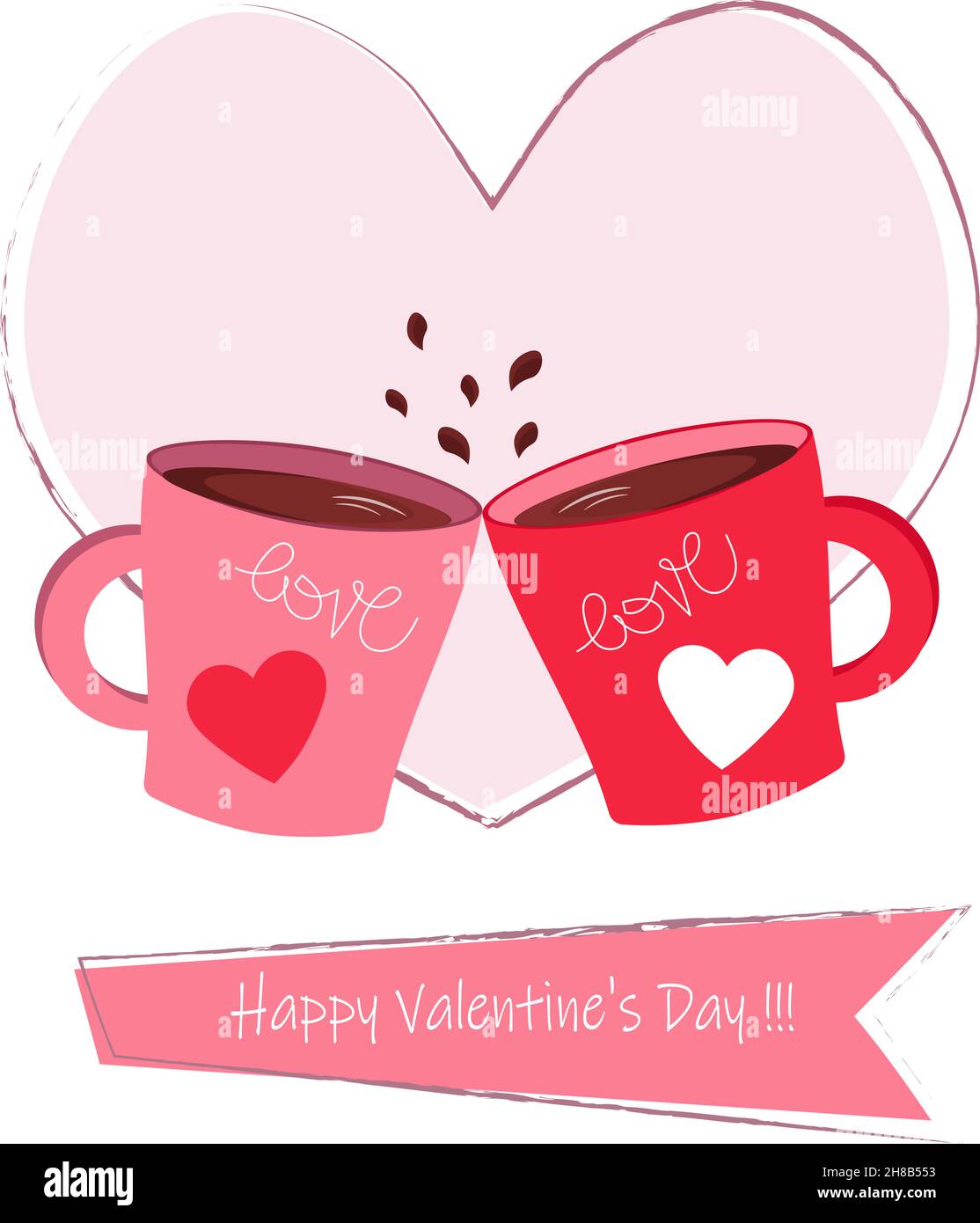 Zwei Tassen mit einem Getränk auf dem Hintergrund eines stilisierten Herzens. Kartenvorlage für den Feiertag-Valentinstag. Stock Vektor