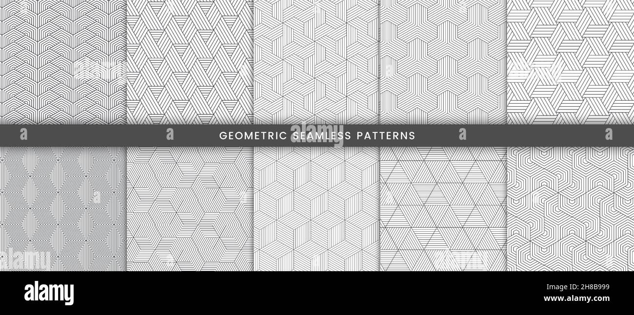Satz von geometrischen Muster mit Streifen Linien polygonale Form grau auf weißem Hintergrund Stock Vektor