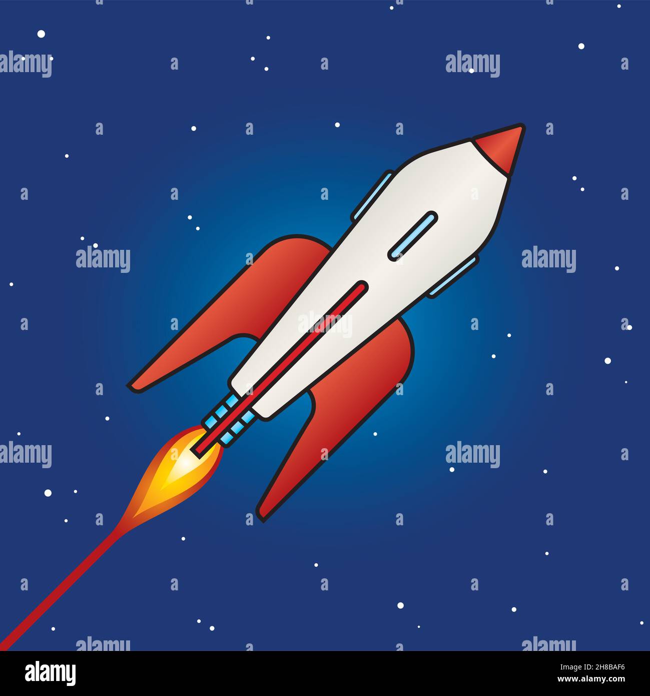 Retro-Science-Fiction-Raketendesign im Weltraum. Coole Vektor-Illustrationen im Vintage-Stil des klassischen Weltraumraketenschiffs aus der Mitte des Jahrhunderts. Abschalten, Baby! Stock Vektor