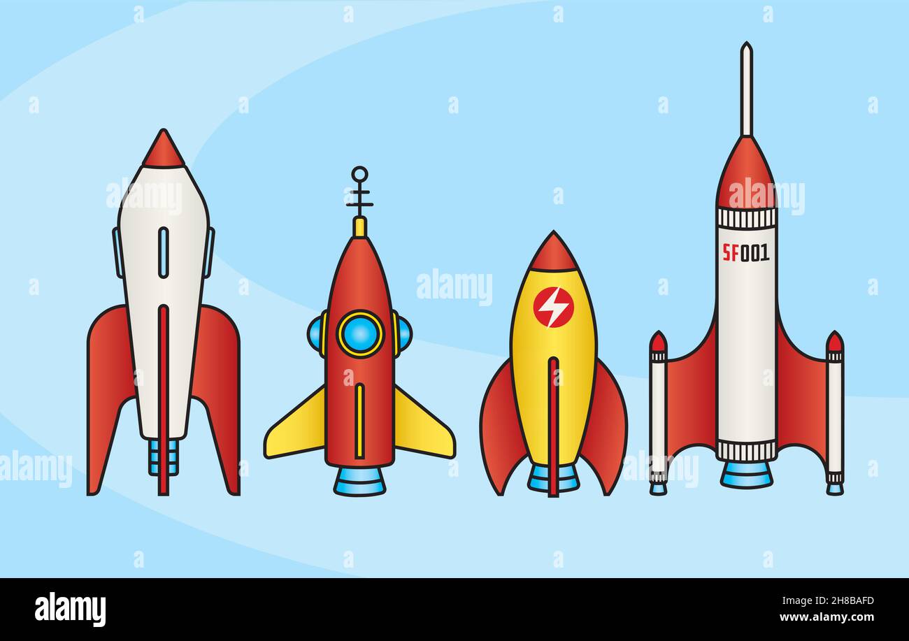 Set von Retro-Science-Fiction-Raketenschiff-Designs. Vier supercoole Vektor-Illustrationen im Vintage-Stil von klassischen Weltraumraketen aus der Mitte des Jahrhunderts. Stock Vektor