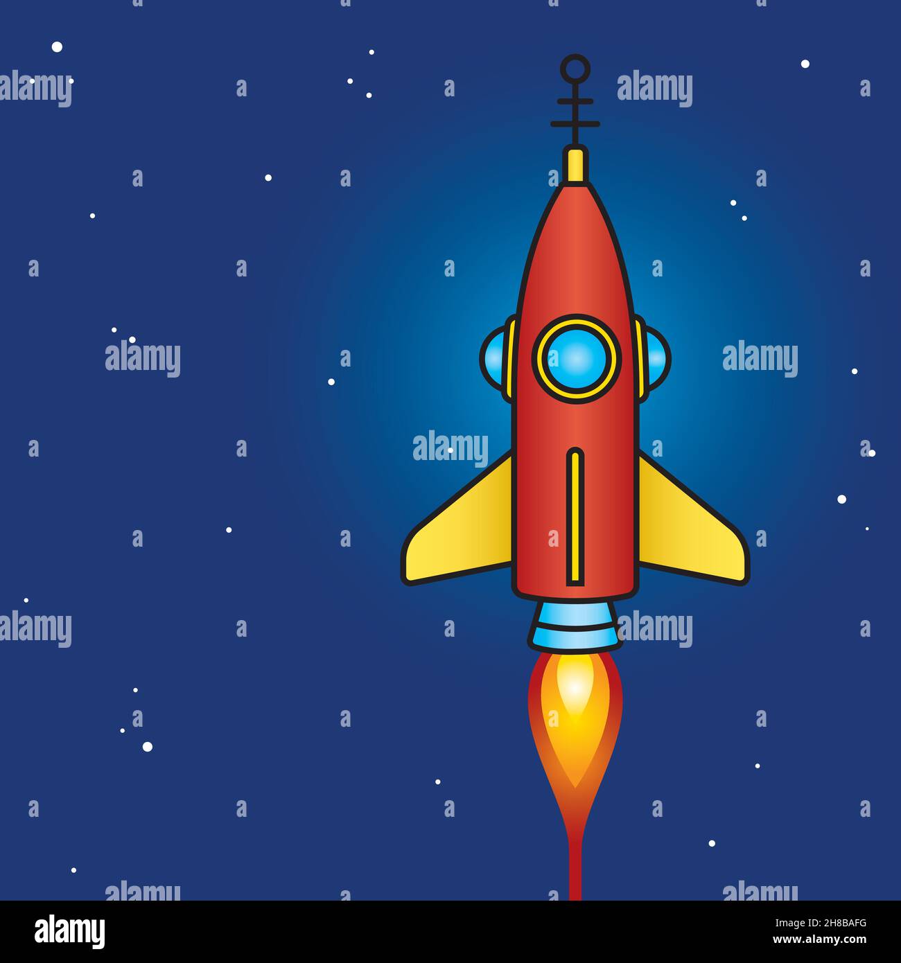 Retro-Science-Fiction-Raketendesign im Weltraum. Coole Vektor-Illustrationen im Vintage-Stil des klassischen Weltraumraketenschiffs aus der Mitte des Jahrhunderts. Abschalten, Baby! Stock Vektor