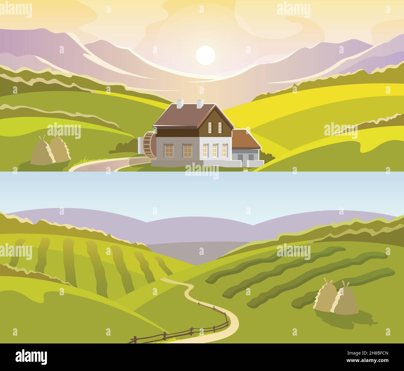 Berglandschaft horizontale Banner-Set mit Ernte auf Feld und Landhaus isoliert Vektor-Illustration Stock Vektor