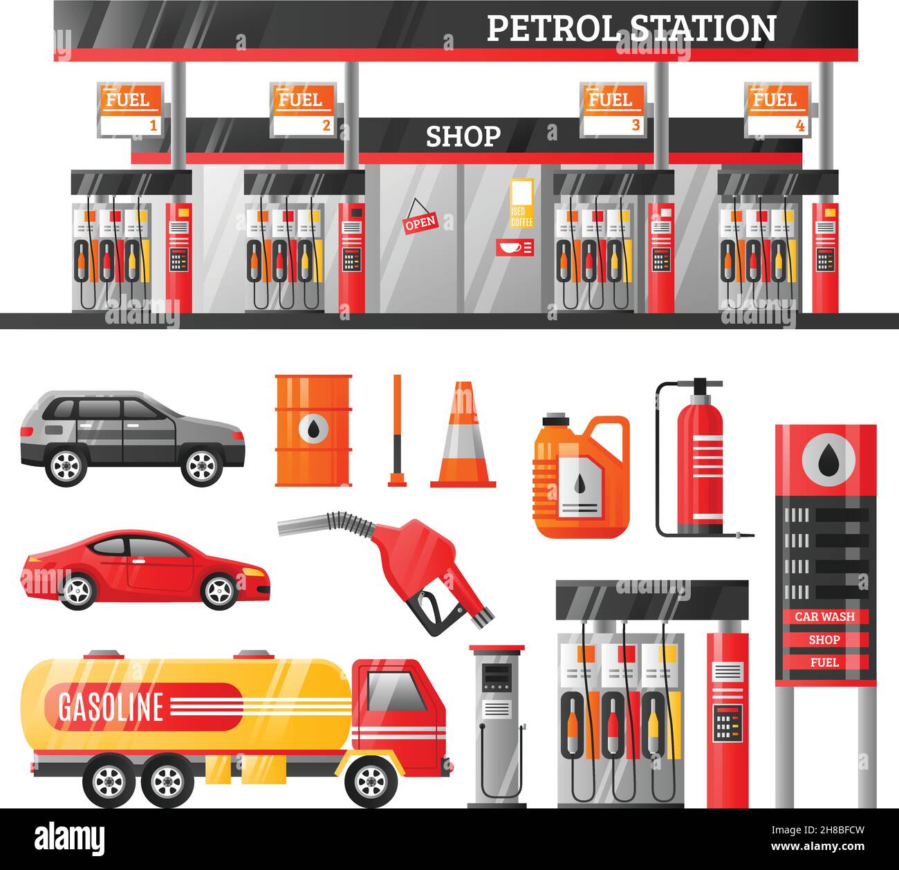 Tankstellen-Design-Konzept mit Behälterfüllpistolen-Betankungsgestellen Benzin Tanker flache Symbole isoliert Vektor-Illustration Stock Vektor