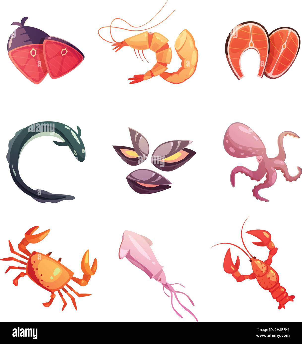 Bunte Meeresfrüchte Retro Cartoon flache Symbole mit Schalentieren gesetzt octopus Tintenfisch Austernaal und Steaks isoliert Vektor-Illustration Stock Vektor
