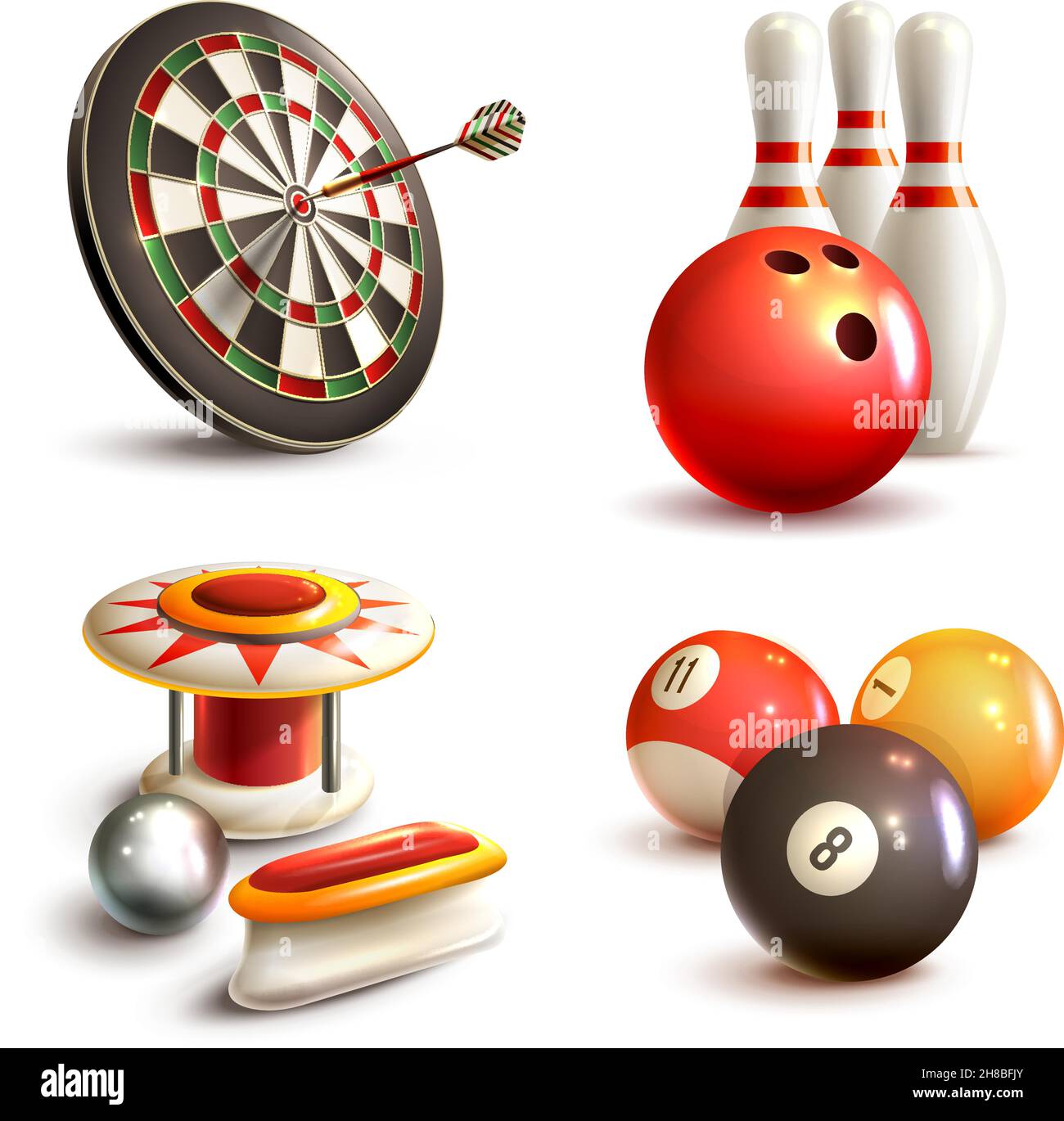 Spiel realistische Symbole mit Bowling Flipper Billard Darts isoliert gesetzt vektorgrafik Stock Vektor