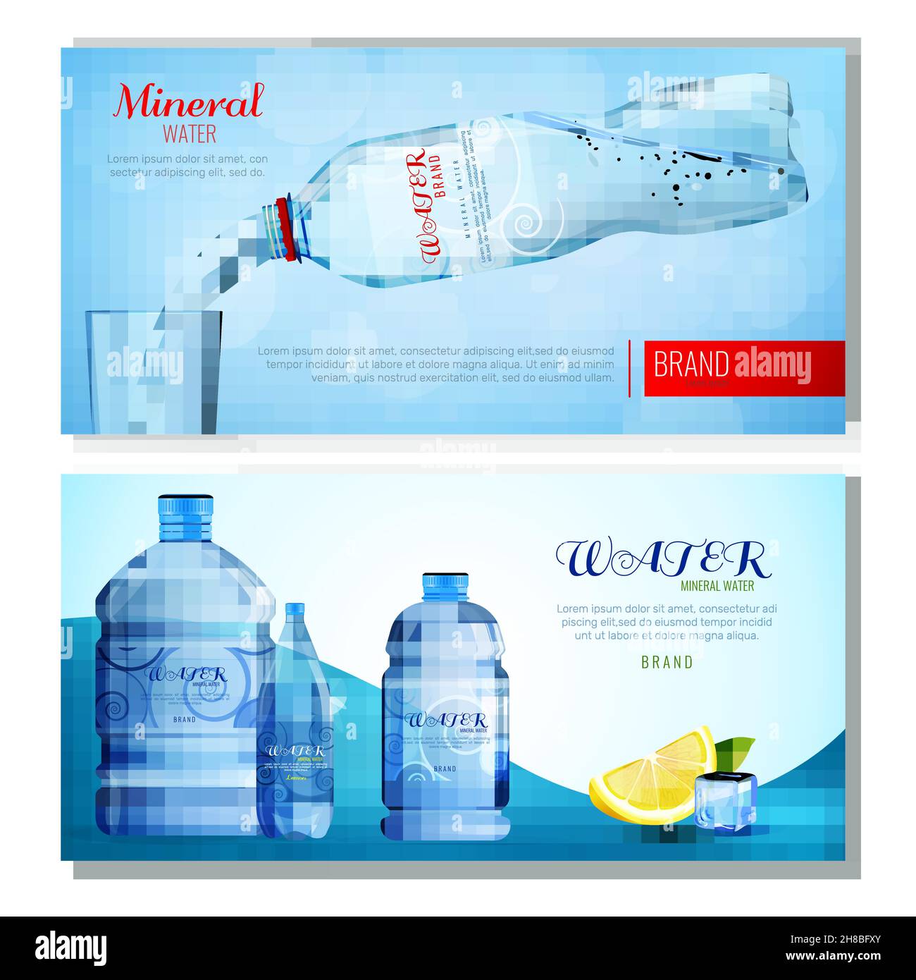 Horizontale Banner mit Trinkwasser in Plastikflasche, Zitronenscheibe, Eiswürfel isoliert Vektor-Illustration Stock Vektor