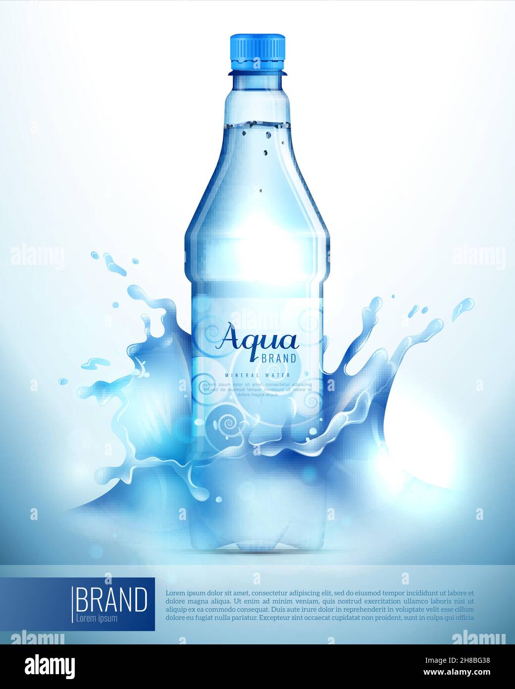 Kunststoff transparente Flasche mit Mineralwasser, Aufkleber, blauer Deckel in Spritzern Werbung Marke Poster Vektor Illustration Stock Vektor