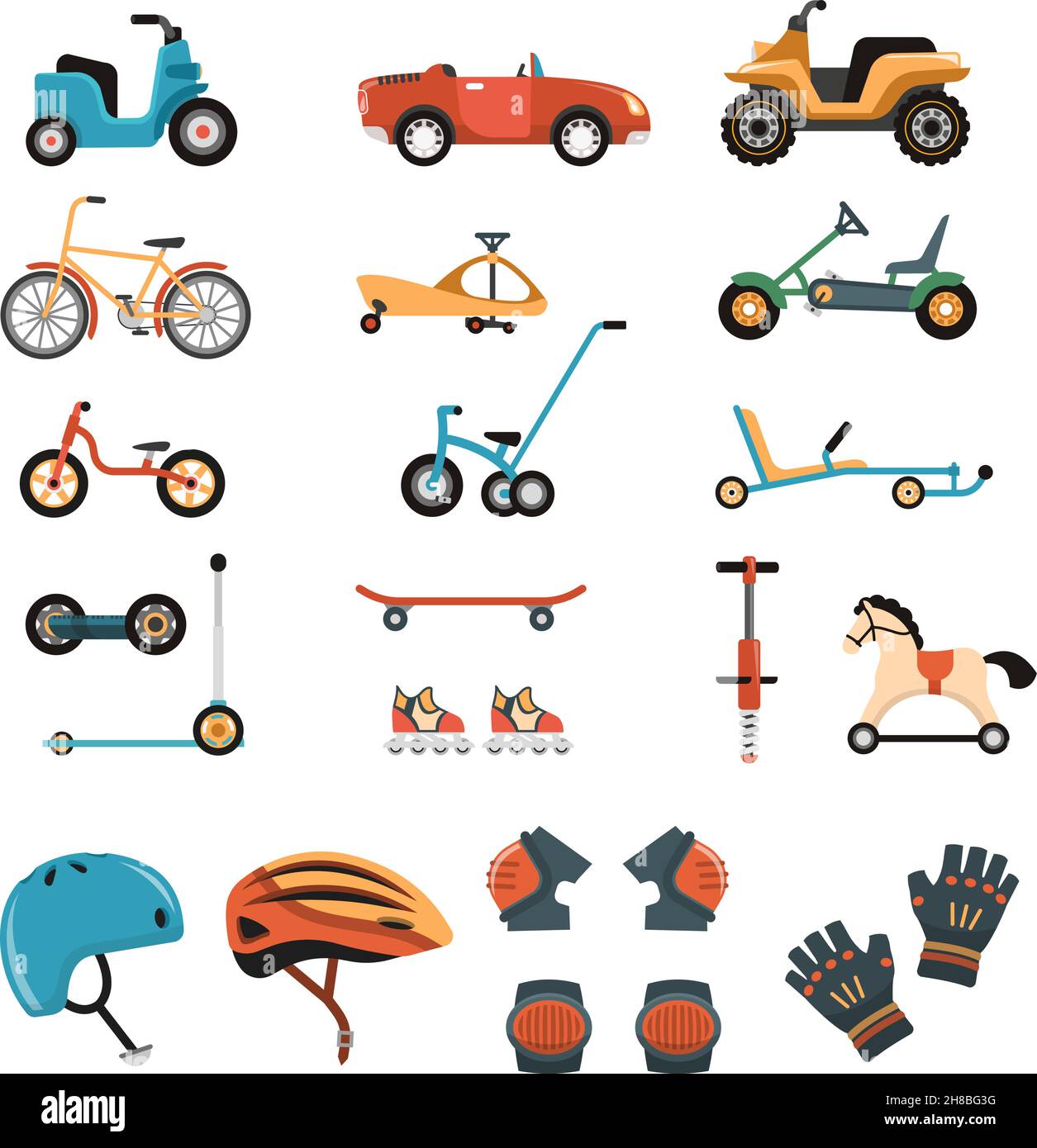 Kindersicherheit Körperschutz Sportausrüstung Schutz isolierte Bilder Set Mit Spielwagen Fahrräder Kniescheiben und Helme Vektor-Illustration Stock Vektor