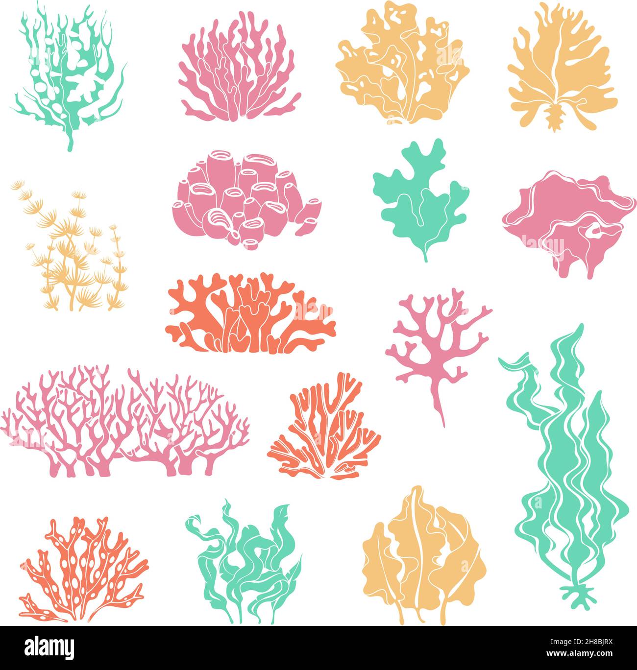 Silhouetten von Algen und Korallen. Ozeanriffkorallen, Unterwasserpflanzen und Aquarien Kelp. Tiefseetang Stock Vektor