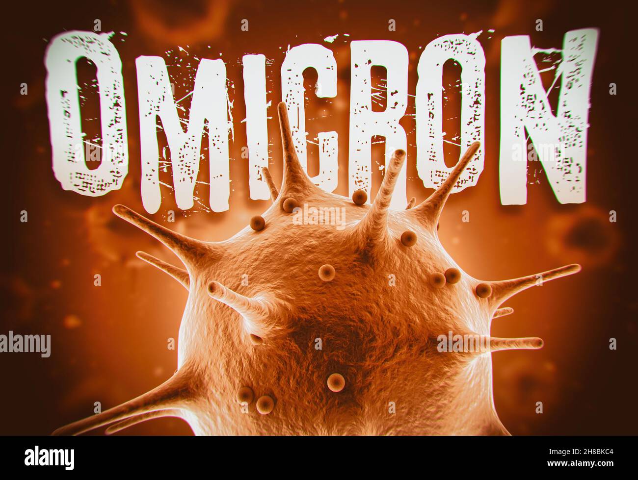 Coronavirus Omicron Variant 3D Render Concept: Makro-Coronavirus-Zelle und Omicron-Text vor verschwommenen Viruszellen, die auf der Luft schweben. Stockfoto