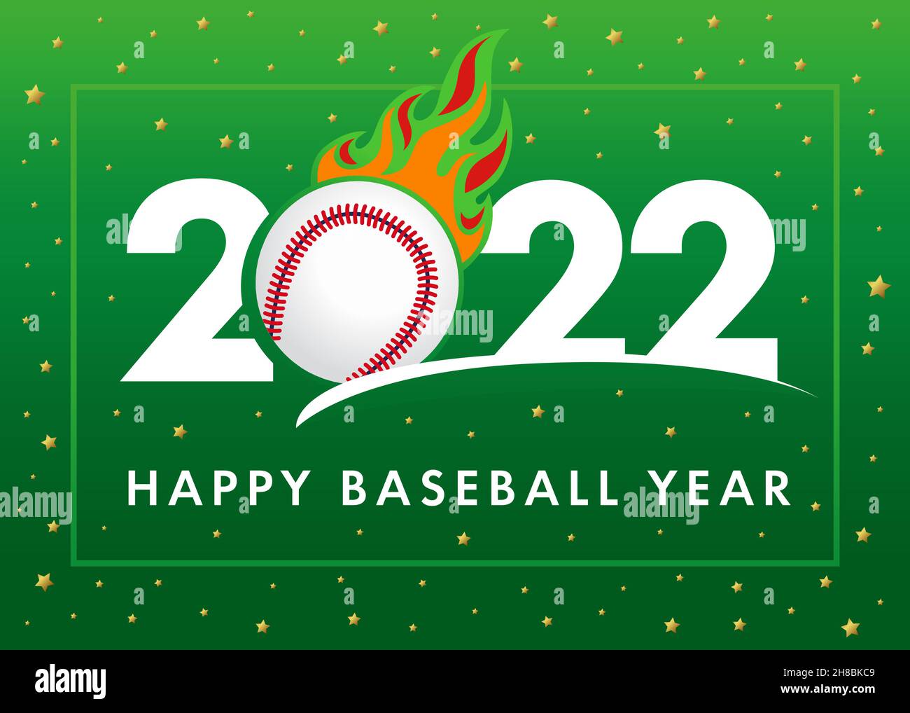 Happy Baseballjahr 2022, grünes Webbanner. Vector Neujahrskarte Design für Sportteam oder Meisterschaft Poster. Turnierschilder mit Ball in Flammen Stock Vektor