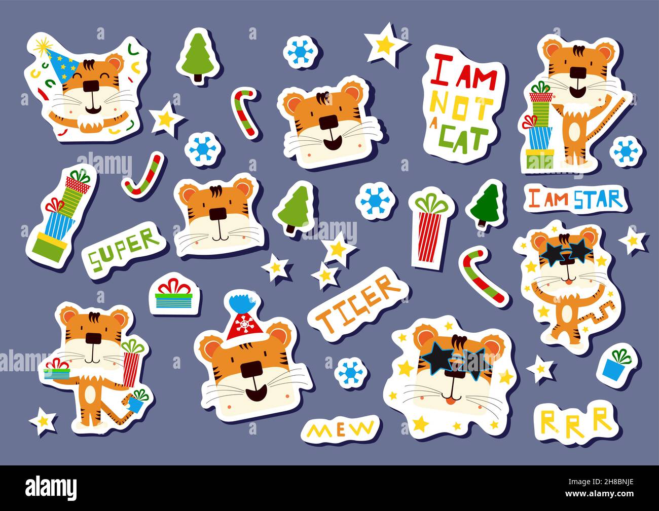 Ein großer Satz Aufkleber mit Tigergesichtern. Schöne Tigerjungen in Hüten und mit Geschenken. Lustige Inschriften, Schneeflocken und Weihnachtsbäume. Festlich Stock Vektor